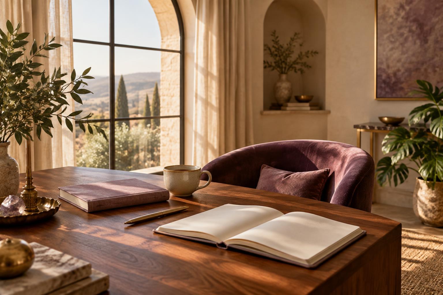 A plum chair beside a sunlit desk with a journal, notebook, and coffee