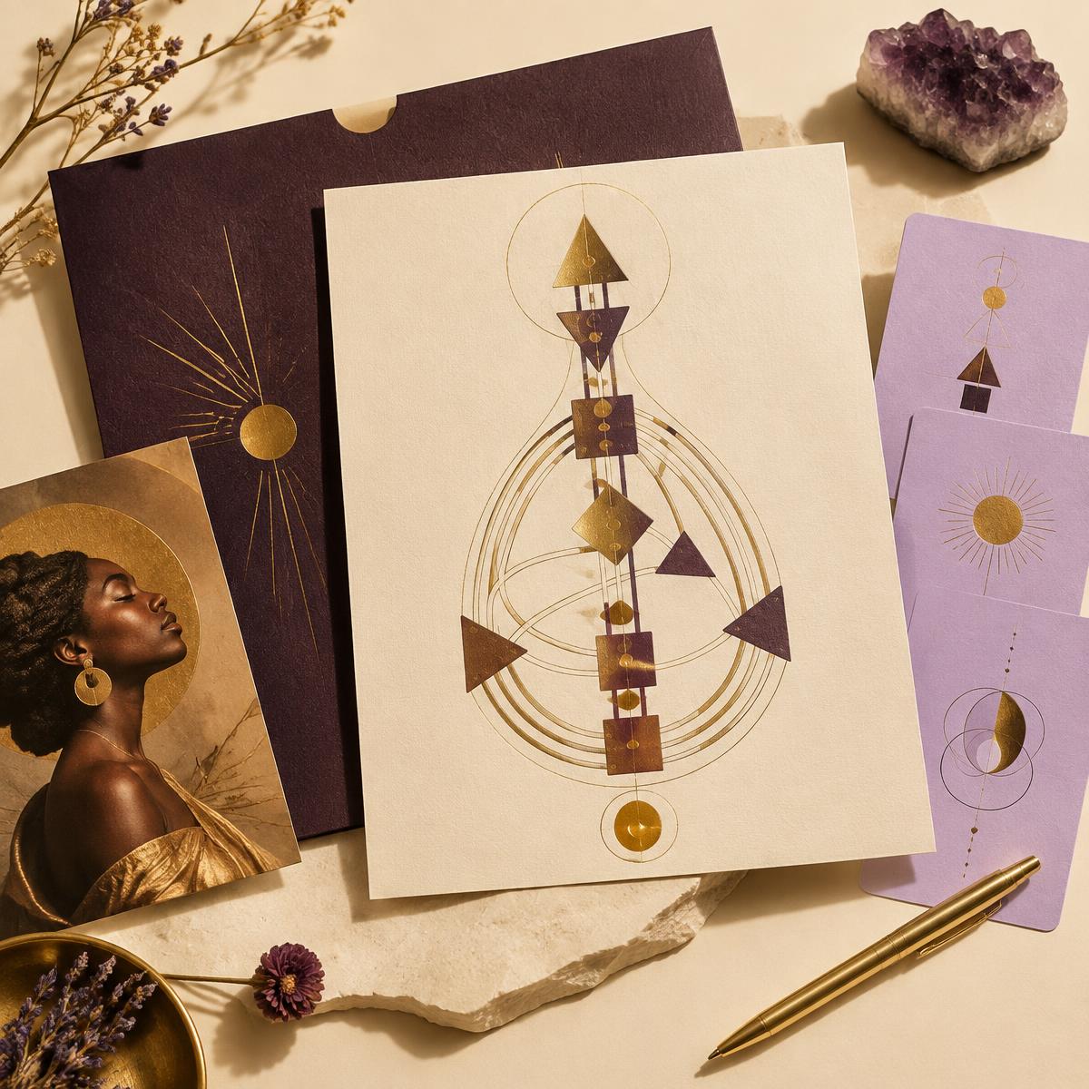 A Human Design-inspired chart arranged with plum, cream, lavender, and gold stationery